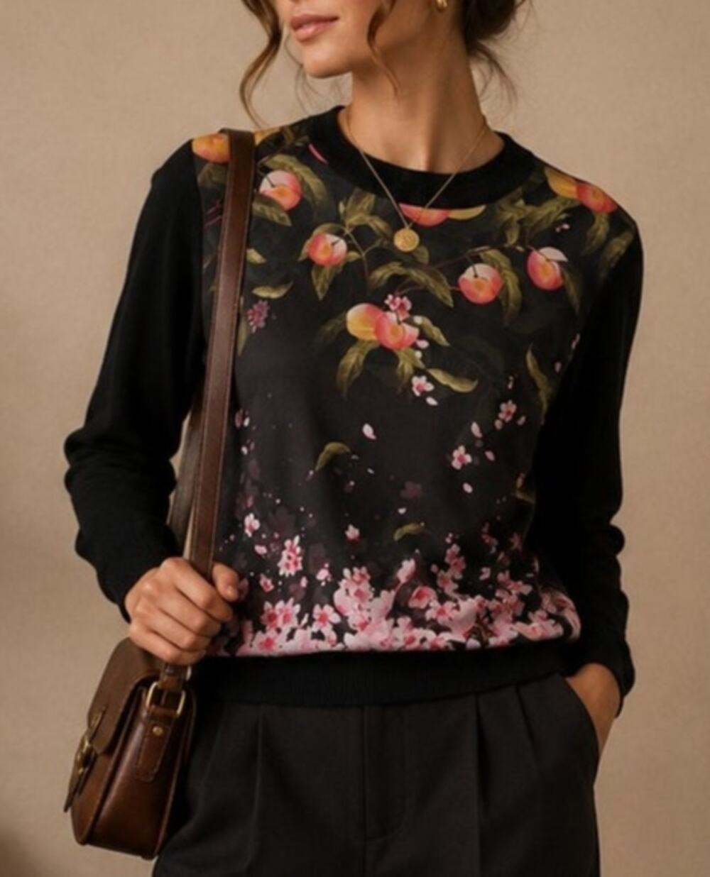 Ted Baker Anthya Peach Blossom Sweater Womens Small Black Floral Romantic Artsy